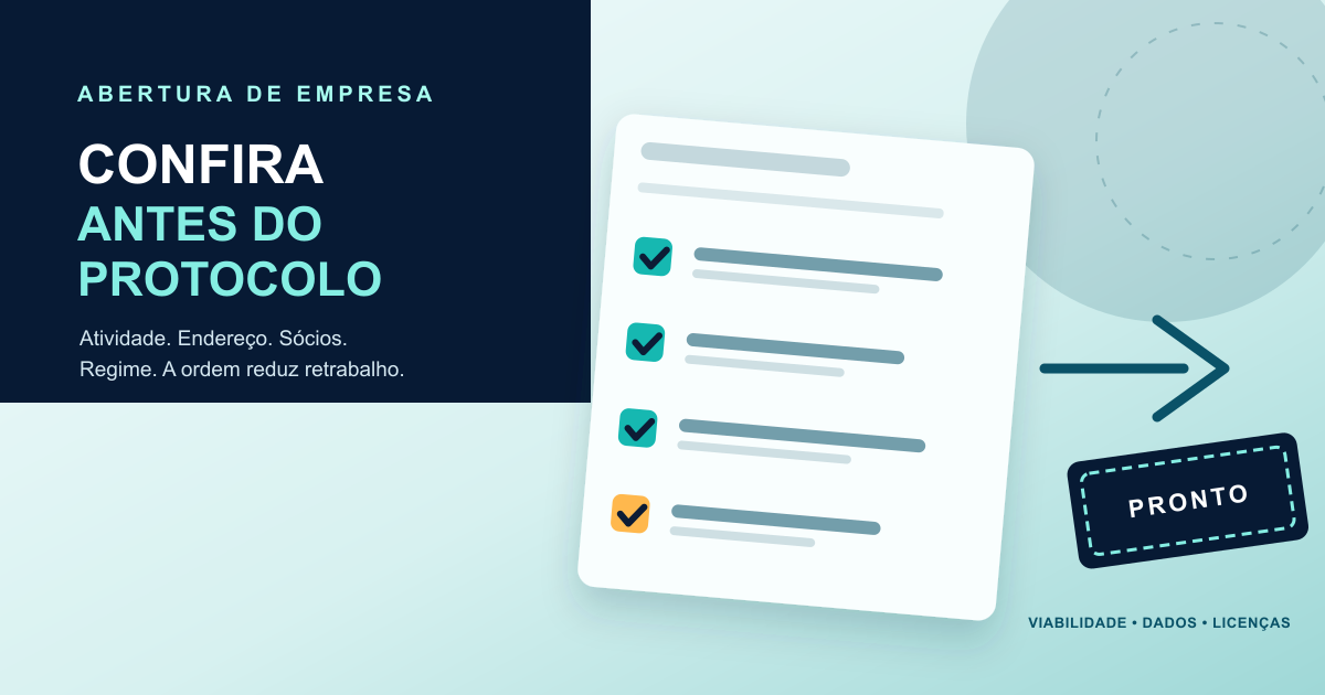 Ilustração assimétrica de uma checklist com atividade, endereço, sócios e regime conferidos antes de uma seta de protocolo.