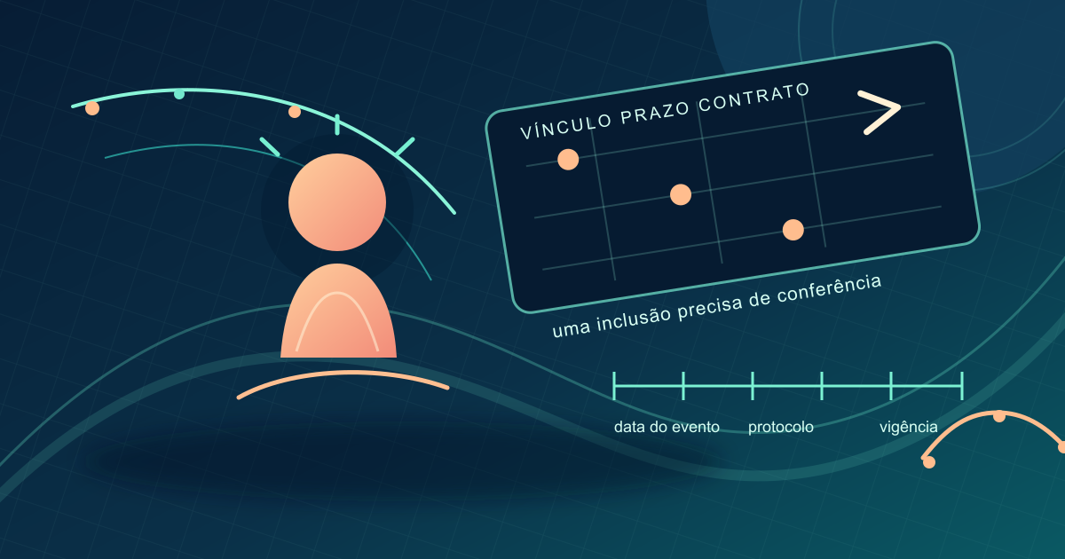 Ilustração assimétrica de uma nova pessoa atravessando uma régua de vínculo, prazo e contrato para entrar em um grupo de plano de saúde PJ.