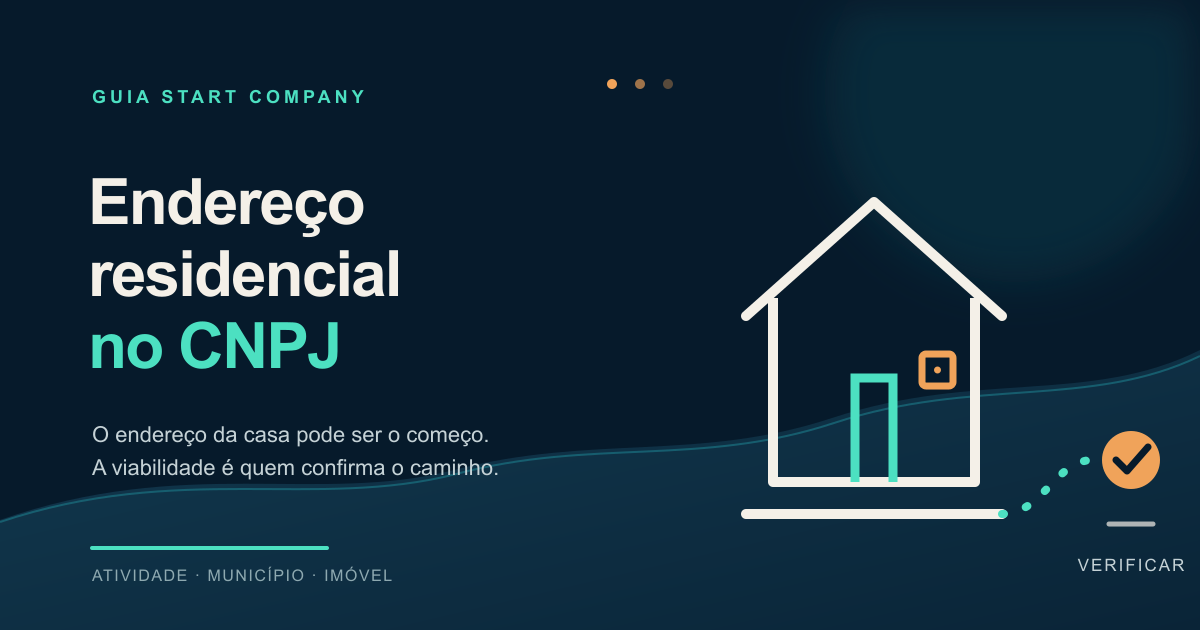 Ilustração assimétrica de uma casa conectada a um ponto de verificação, representando a análise de atividade, município e imóvel antes de usar endereço residencial no CNPJ.