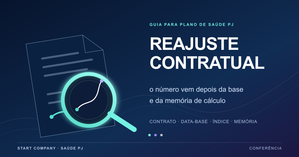 Ilustração assimétrica de uma lupa sobre um contrato e uma linha de valores, representando a conferência do reajuste de plano de saúde coletivo.