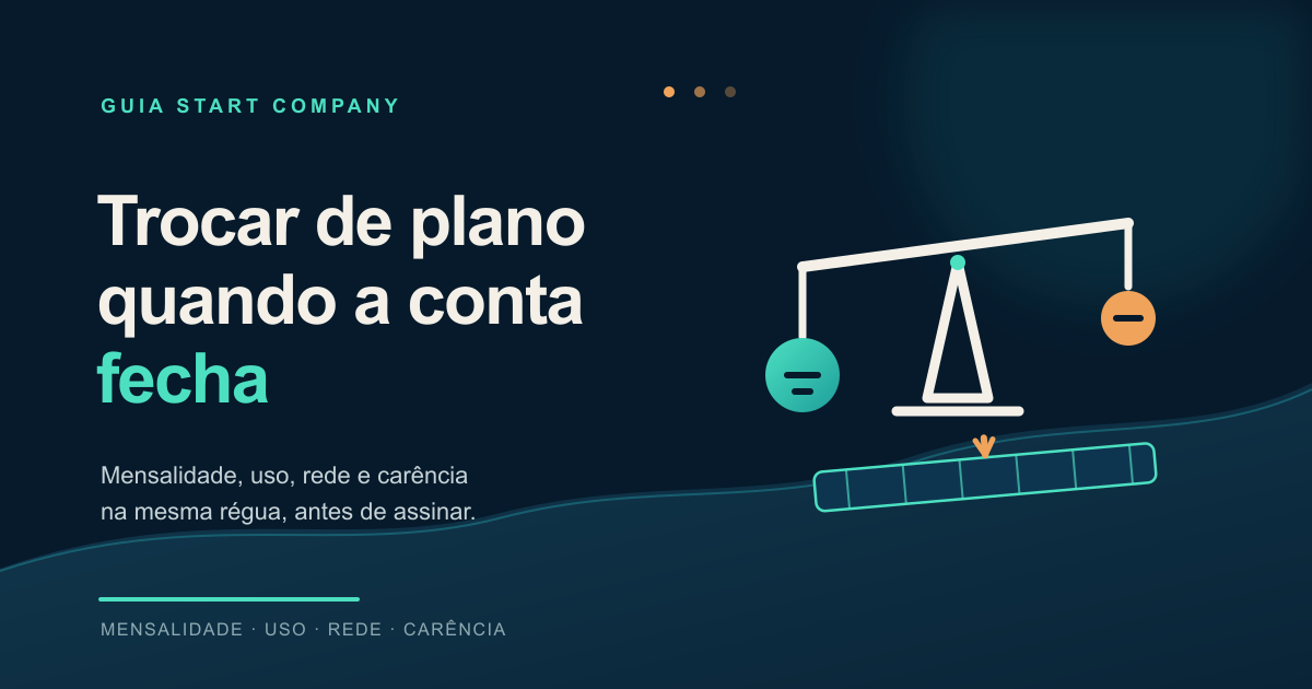 Ilustração editorial de uma balança de vidro sobre uma régua graduada, com dois pesos de tamanhos diferentes, representando a comparação entre ficar no plano de saúde atual e trocar de plano.
